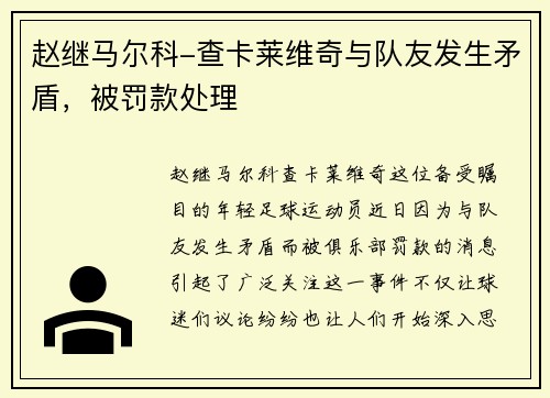 赵继马尔科-查卡莱维奇与队友发生矛盾，被罚款处理